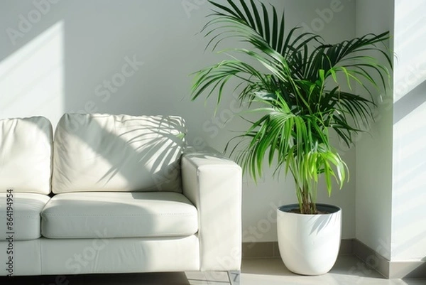 Obraz Modern interior of a lounge area showing a sleek white couch alongside a vibrant green houseplant