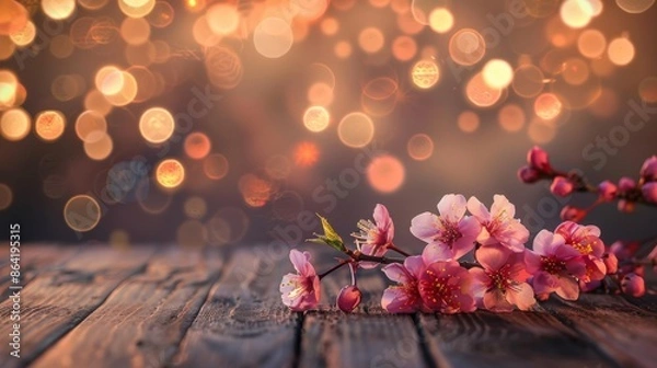 Fototapeta Close-up of cherry blossoms with a blurred background of warm bokeh lights, creating a romantic and dreamy atmosphere.