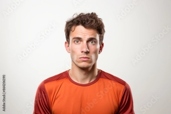 Fototapeta Portrait of a merry man in his 20s sporting a breathable mesh jersey in front of white background