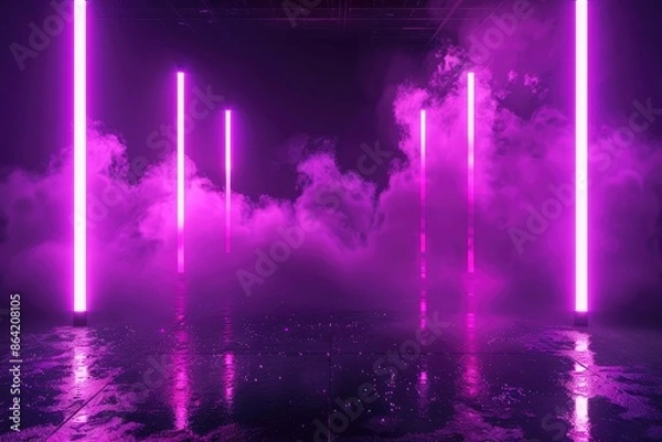 Fototapeta Dark abstract stage, empty with purple smoke, neon lights, and sparkles
