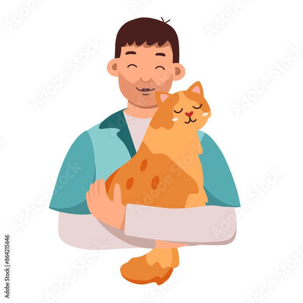 Fototapeta Man holding cat flat illustration. Cartoon isolated adorable sweet scene with two friends hug and cuddle, pet owner character carrying happy animal in arms, guy playing with pretty funny kitty