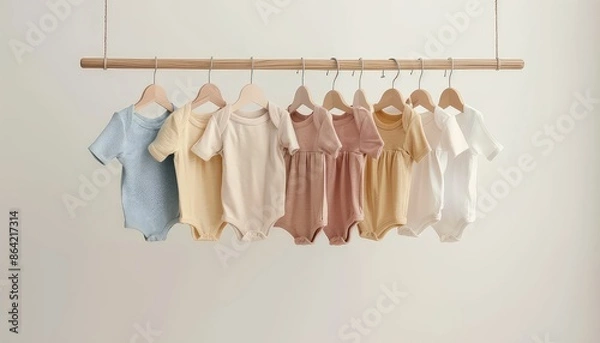 Obraz Baby bodysuits hanging on rack near white wall