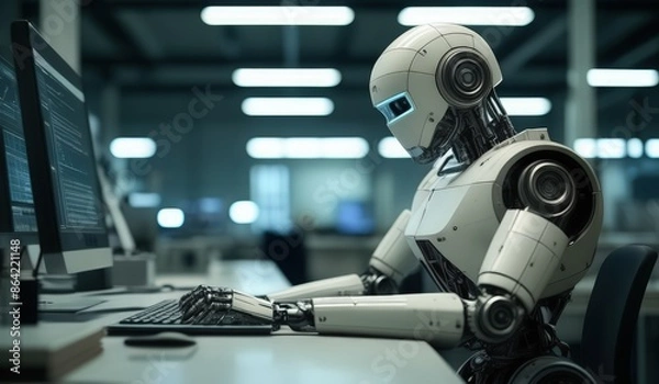 Fototapeta robots work in front of a laptop or computer. robots replace regular employees. Robot intelligence replaces human work. worker robots of the future. robot android