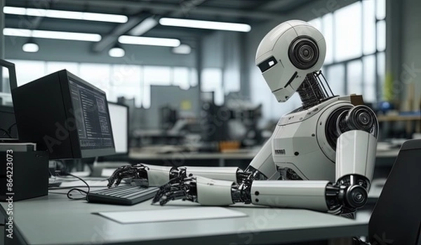 Fototapeta robots work in front of a laptop or computer. robots replace regular employees. Robot intelligence replaces human work. worker robots of the future. robot with laptop