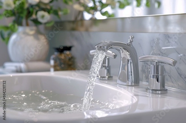 Fototapeta A sleek bathroom faucet with running water in a modern, stylish bathroom setting, featuring flowers and clean marble surfaces.