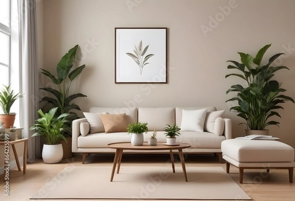 Fototapeta Frame mockup, ISO A paper size. Bedroom poster mockup. Modern interior design. Living room Interior mockup with house background. 3D render