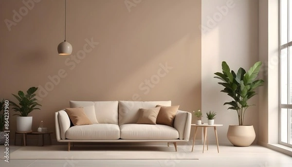Fototapeta Frame mockup, ISO A paper size. Bedroom poster mockup. Modern interior design. Living room Interior mockup with house background. 3D render