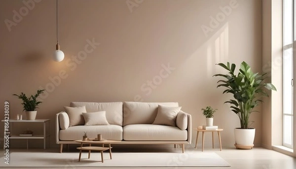 Fototapeta Frame mockup, ISO A paper size. Bedroom poster mockup. Modern interior design. Living room Interior mockup with house background. 3D render