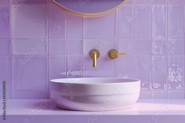 Fototapeta Immerse yourself in the contemporary charm of a minimalist bathroom featuring a white ceramic vessel sink and brass faucet on a white counter, set against a violet tiles wall with a mirror.
