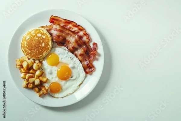 Fototapeta A top down view of a full American breakfast on a white background with plenty of space for additional images The breakfast includes sunny side up fried eggs crispy bacon hash browns fluffy pancakes