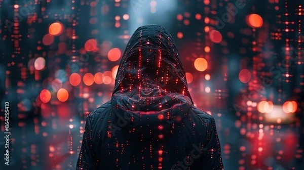 Obraz Anonymous Hacker Surrounded by a Network of Glowing Data Streams Engaged in Cybersecurity, Cybercrime, and Cyberattack Activities. Concept of Digital Infiltration, Hacking, and Internet Security Threa