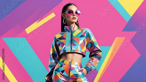 Fototapeta Colorful pop art portrait of a fashionable woman in modern sunglasses and iridescent leather jacket. Mixed media colorful collage elements