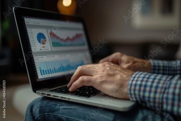 Obraz Close-up. Senior man analyzing data and charts on a laptop, making investment decisions or managing finances.