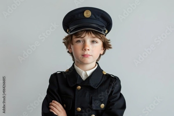 Fototapeta Boy dressed as a train conductor with a hat and ticket punch, white background, copy space