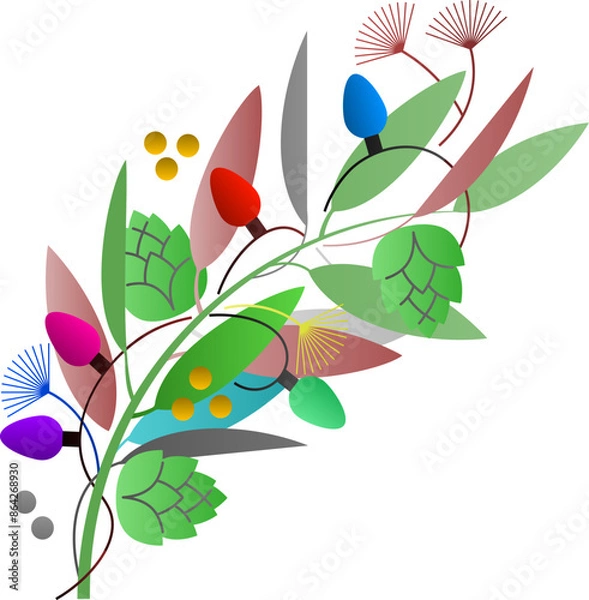 Fototapeta Flower crown floral background with flowers and butterflies