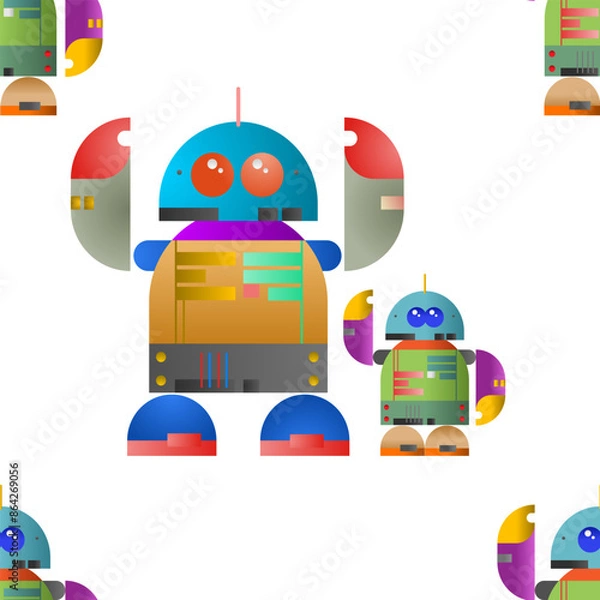 Fototapeta Seamless cute robot pattern on white background.