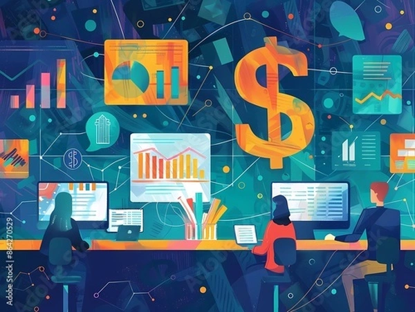 Fototapeta Marketing Campaigns. Three marketers work at computers against a blue wall of charts and goals. Tables and a dollar symbol.