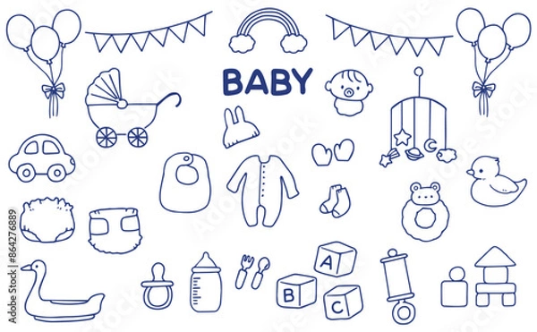 Obraz かわいい手描きのベビー用品イラストのセット