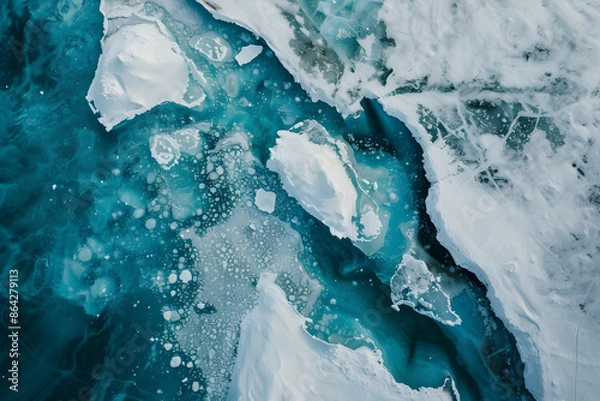 Fototapeta Aerial View of Antarctica, Antarctica Glacier, Cold Climate, Glacier Breaks from Climate Change, Melting ice aerial shot, Ice breaking up, Global Warming Effects 