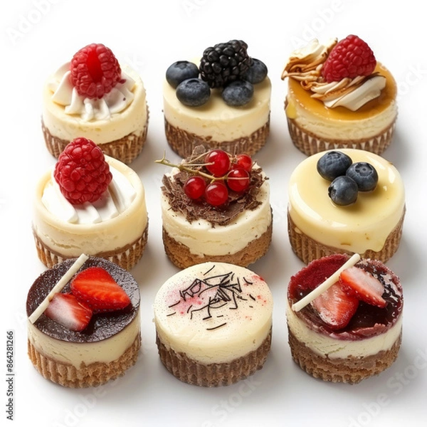 Fototapeta A selection of mini cheesecakes with various toppings, isolated on white background
