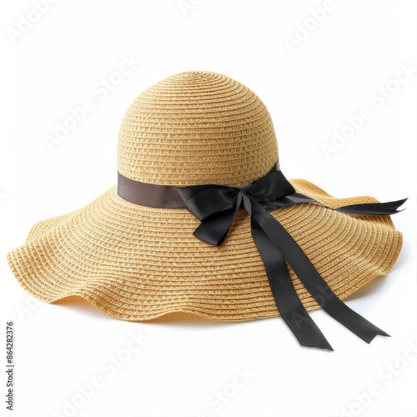 Fototapeta A fashionable sun hat with a wide brim and a bow, isolated on white background