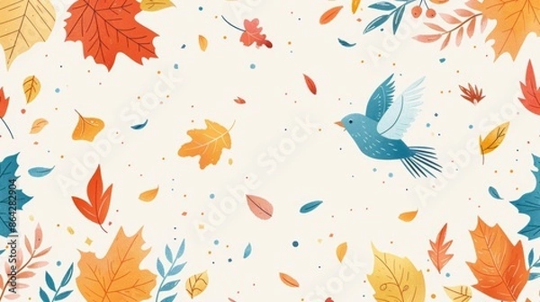 Fototapeta Autumn harmony with bird and colorful leaves