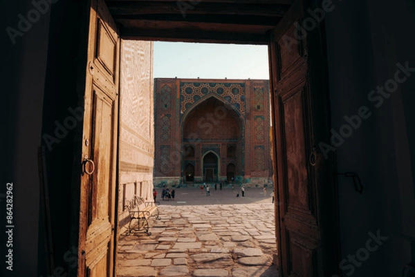 Fototapeta Looking through an open door in Registan, in Samarkand, Uzbekistan