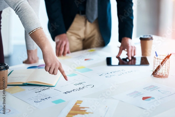Fototapeta Hands, employees and office with paperwork for strategy, feedback and report on company growth. Business, people and documents with teamwork or collaboration for project planning in boardroom