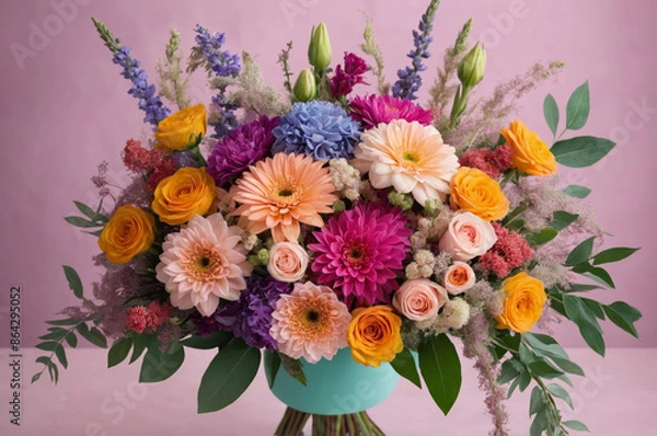 Fototapeta Captivating bouquet of various colorful flowers arranged in turquoise vase creating vibrant display