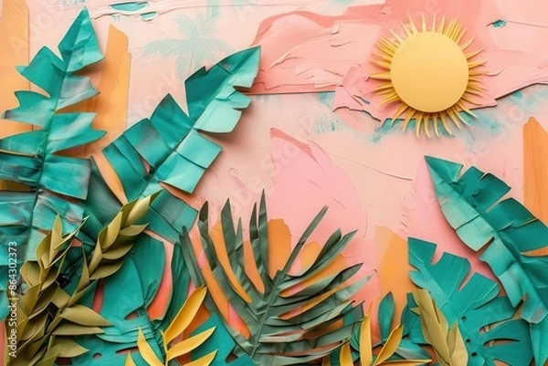 Fototapeta vintage summer collage handcut paper elements tropical palms and suns in faded colors textured background playful compositions