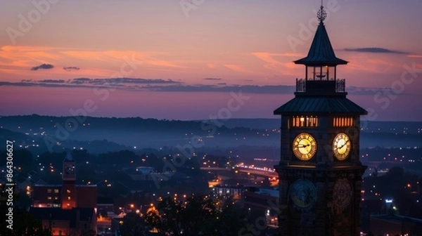 Fototapeta Large public clock tower at dusk with city lights starting to twinkle