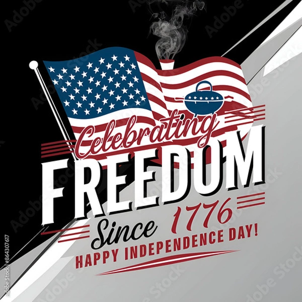 Fototapeta American happy Independence Day with USA Flag and grill t shirt design. AI generative image.