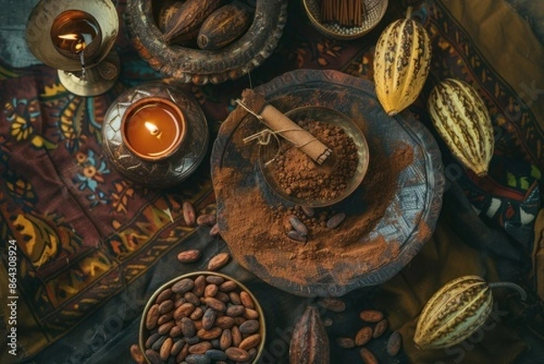 Fototapeta An elegant flat lay of a cacao ceremony altar, with cacao beans, a ceremonial cup, and burning incense." 