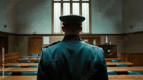 Fototapeta A uniformed officer stands facing the front of an empty courtroom, with rows of chairs and large windows behind a judge's bench under soft light.