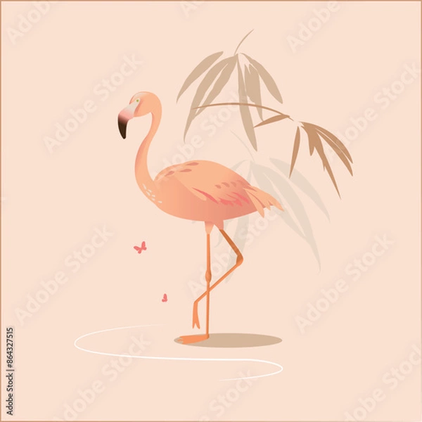 Obraz Pink flamingo on beige background. Vector