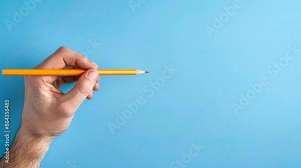 Fototapeta A human hand holding a pencil against a solid blue backdrop with ample copy space
