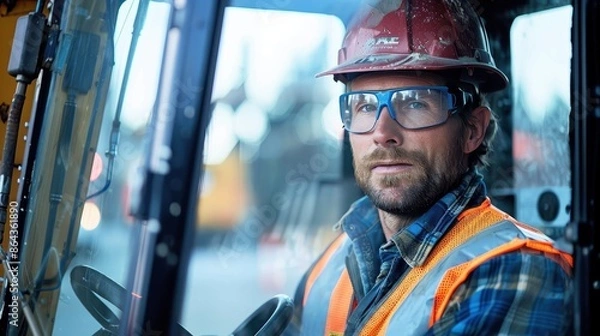 Fototapeta A determined construction worker with protective gear, including a red helmet and orange vest, sitting in a vehicle, emphasizing safety, focus, and professionalism in the construction industry.