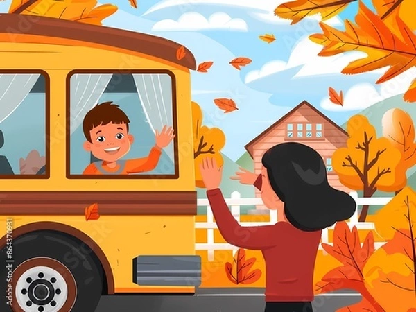 Fototapeta AI-Generated image of A woman is waving to a boy on a yellow school bus. The scene is set in autumn, with leaves falling from the trees. Scene is friendly and warm