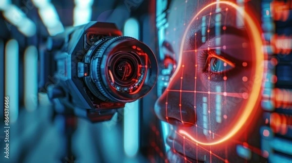 Fototapeta An AI-powered security camera with a holographic display showing real-time facial recognition and threat detection, mounted in a high-security facility.