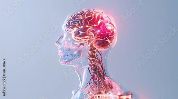 Obraz Human brain and neck and spine made of light, 3D render. Brain sectional imaging X-ray and CT scan technique, cyborg radiography. Radiation dose, film and tomograms. Human mind head skull fractal. 