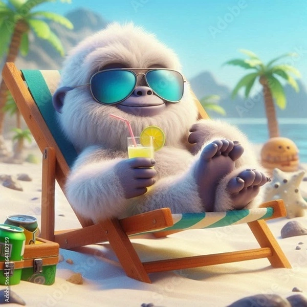 Obraz An adorable yeti lays in a lawn chair at the beach, wearing sunglasses and holding a lemonade. The yeti is in a 3D illustrated animation style.