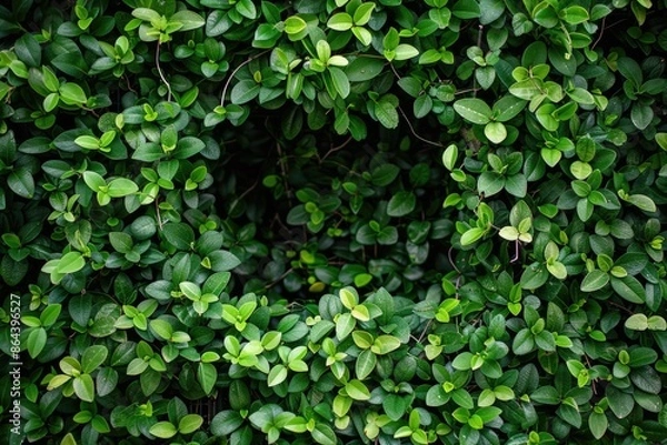Obraz A close-up view of a dense, green foliage with overlapping leaves. The vibrant green color creates a natural, textured background