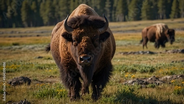 Fototapeta About encountering a bison herd during a hike through Yellowstone's vast meadows  ai_generated