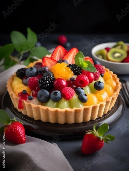 Fototapeta Vibrant Mixed Fruit Tart with Kiwi, Berries, and Peach Glaze.