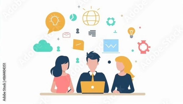 Fototapeta Illustration of three people working together at a computer with various business and tech icons around them, symbolizing teamwork and innovation.
