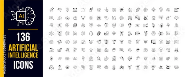 Obraz Artificial intelligence icon set. Containing machine learning, data science, AI, virtual assistant, generative AI, technology, Turing test and more. Line vector icons collection.