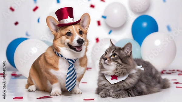 Fototapeta 4th of July celebration with Corgi dog with a blue striped tie and Gray Cat in a themed studio with Balloons and Confetti. Concept for Independence Day of the United States of America.