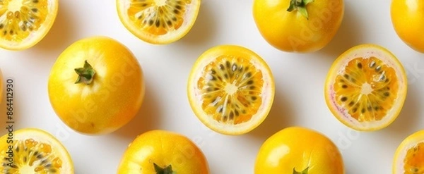 Fototapeta yellow passion fruit are in neat rows and top view