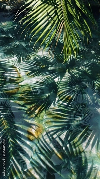 Fototapeta Palm leaves casting shadows on water, tranquil nature scene