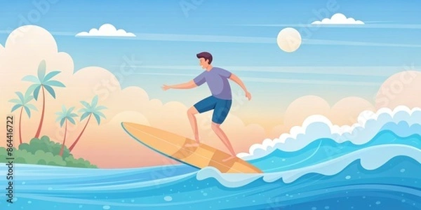 Obraz Cartoon Surfer Riding a Wave in Tropical Paradise
